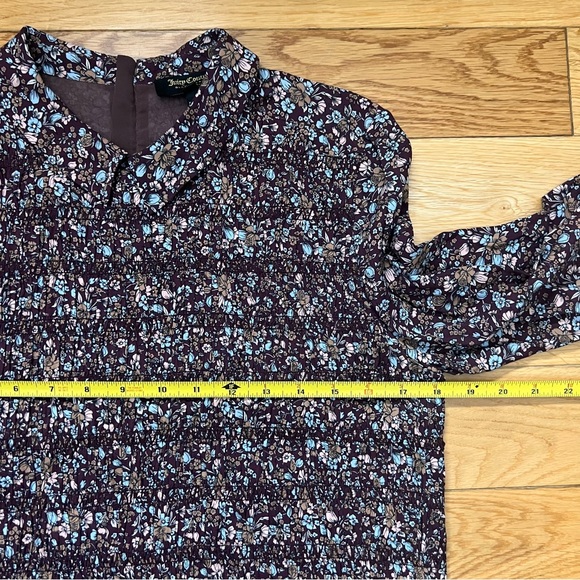 Juicy Couture Black Label Dark Purple Floral 100% Silk Pleated Dress Size Small - Picture 3 of 7